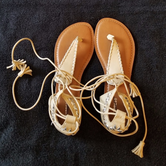 Express Shoes - Express Tan Embellished Ankle Wrap Sandals New